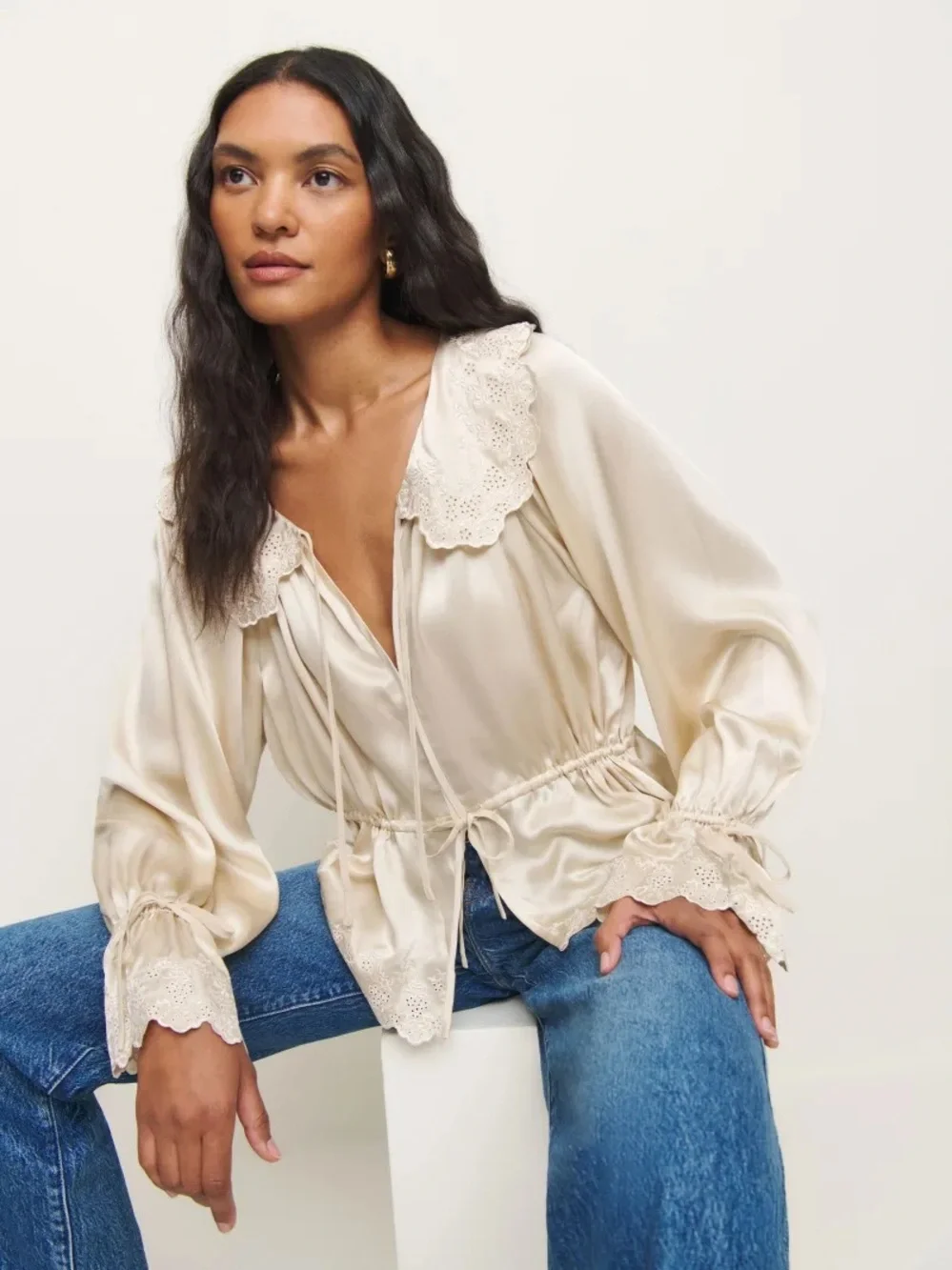 Reformation Cream Eyelet-Trim Peplum Blouse